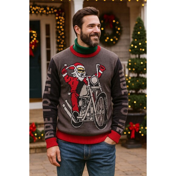 Ugly Christmas Sweater Men's Gray Santa Claus Motorcycle Live to Ride Size XXL - Picture 2 of 5